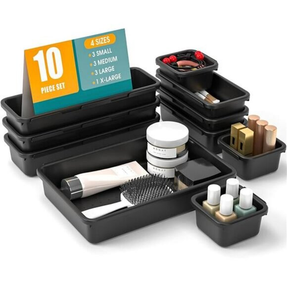10 Piece Black Drawer Organizer Set for Makeup Office Bathroom Vanity Storage - Picture 1 of 8